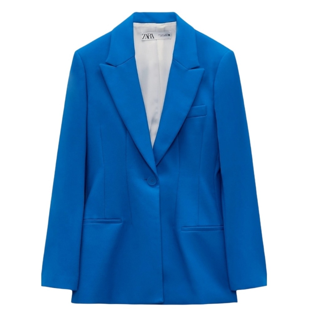 Zara Structured Blue Fitted Blazer with Shoulder Pads
